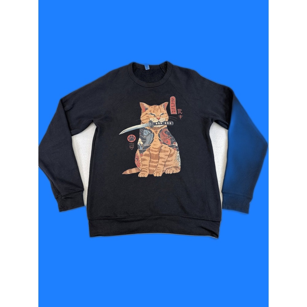 BELLA+CANVAS Samurai Cat Anime Sweatshirt L Black Cotton Polyester Crewneck Men